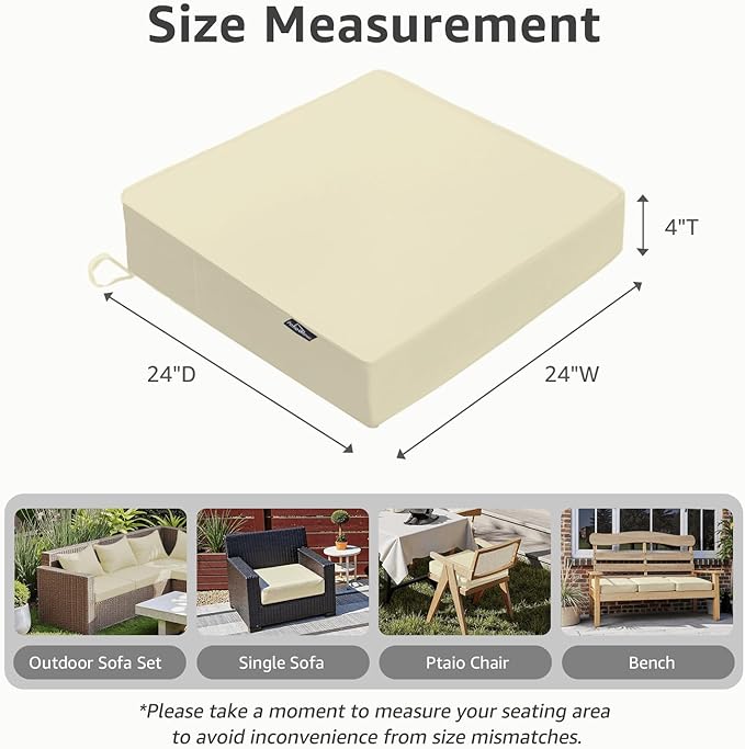 Outdoor Chair Cushions 24 x 24 x 4 Inch, Waterproof & Fade Resistant Patio Seat Cushion for Furniture with Handle and Ties, Thick Seating Pads for Outside Sofa Couch Set of 2, Yellow