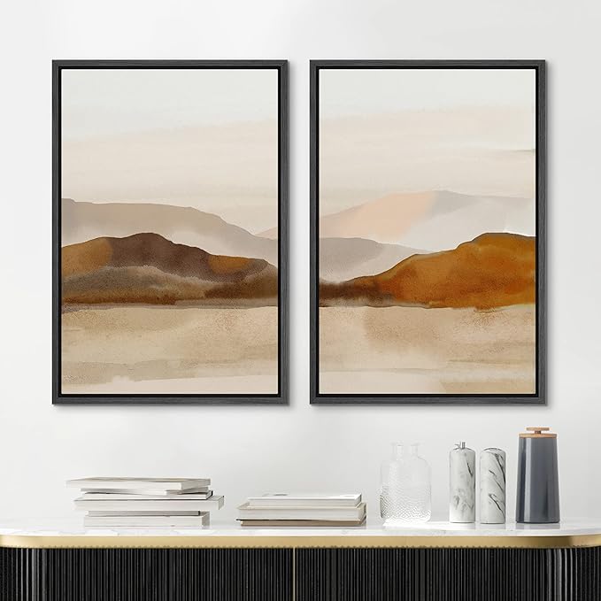MUDECOR Framed Canvas Print Wall Art Pastel Brown Mountain Range Ocean Lake Wilderness Nature Illustrations Modern Art Decorative Calm/Relax Multicolor Rustic Minimal for Bedroom - 16"x24"x2 Black