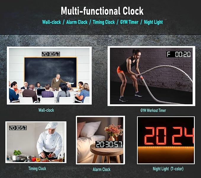 26'' Huge Digital Wall Clock, Home Gym Interval Workout Timers, with Countdown, Stopwatch, 7-Color Light, 8-Alarms, Calendar/Temperature Display, for HIIT/Tabata/FGB/EMOM (White)