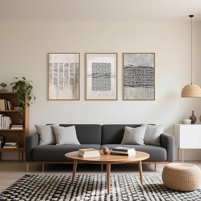 Large Abstract Black and Beige Framed Canvas Wall Art,Minimalist Geometric Lines Wall Decor,Cozy Neutral Shapes Artwork,Modern Lines Dots Art Print for Living Room,Bedroom,Office-16 x24 x3