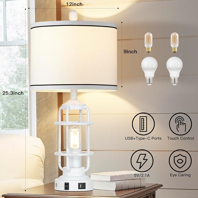 Farmhouse Lamps Set of 2, White Vintage Rustic Industrial Lamps with USB A+C Charging Ports & AC Outlet, 3 Way Dimmable Touch Control Table Lamp with LED Night Light for Living Room Bedrooms Office