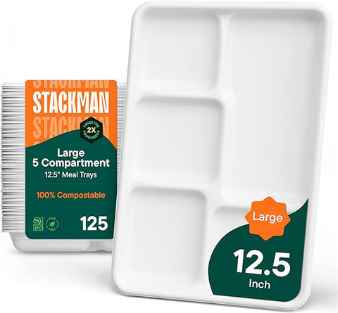 100% Compostable, Large 5 Compartment, Disposable Tray [125-Pack] - [12.5 Inch] Heavy Duty Biodegradable Bagasse Sectional Lunch Trays + Dividers - Divided Platter - (PFAS Free) (BPA Certified)