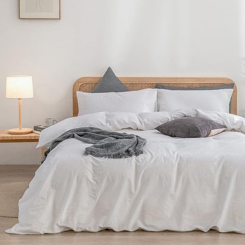 BESTOUCH Duvet Cover Set 100% Washed Cotton Linen Feel Super Soft Comfortable Chic Lightweight 3 PCs Home Bedding Set Solid Bright White Full/Double