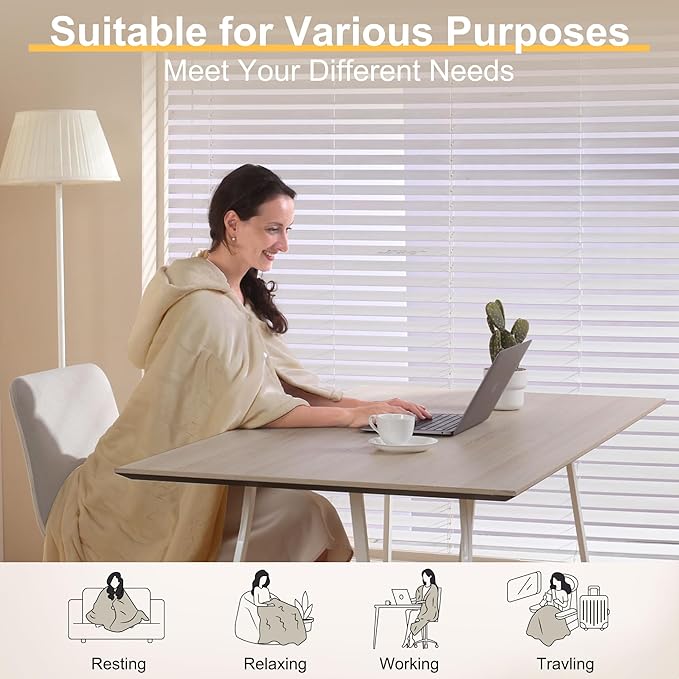 Gintao Heated Blanket Electric Throw with Detachable Hat&Snap Buttons,3 Heat Settings,4H Auto-Off, Perfect Electric Blanket Throw for Home Office,Gifts,Double-Layer Flannel, 50"x60", Beige