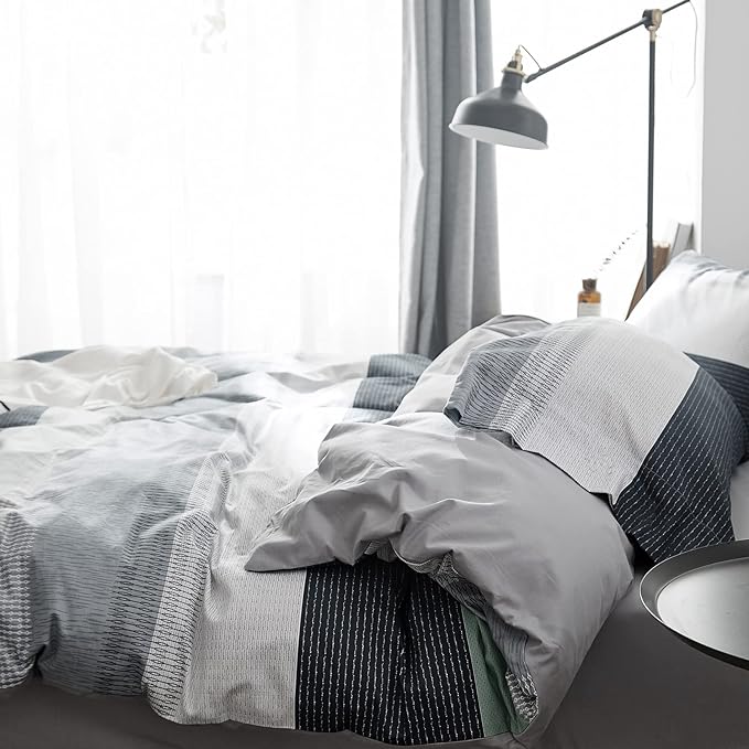 VM VOUGEMARKET Stripes Duvet Cover Set Twin,Blue Green Striped Duvet Cover with 2 Pillowcases for Teens,100% Cotton Modern Cozy Comforter Cover with Zipper Closure & Corner Ties 68"x90"(3pcs,Twin XL)