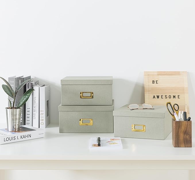 Soul & Lane Gray Kraft Paper Boxes for Storage, Set of 3 Square Stacking Boxes with Lids and Gold Label Holders, Decorative Cardboard Photo Storage for Decor and Organizing