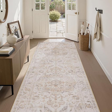 PADOOR-Vintage Runner Rug 2X10 Runners for Hallways-Soft Beige Washable Bedside Rugs for Bedroom-Non Slip Long Rug for Hallways Entryway Laundry Room Stair Kitchen Bathroom