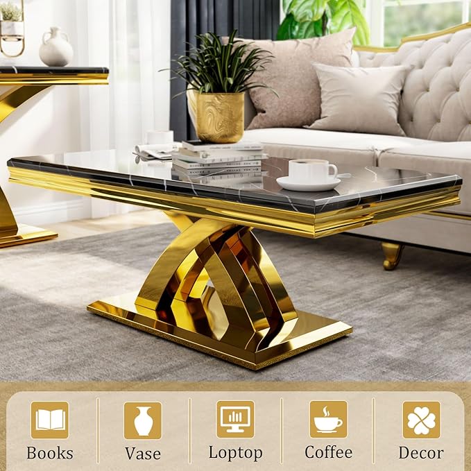 AUZ 48“ Black and Gold Coffee Table for Living Room, Guest Hall, Luxury Rectangle Center Table with Polished Metal Base