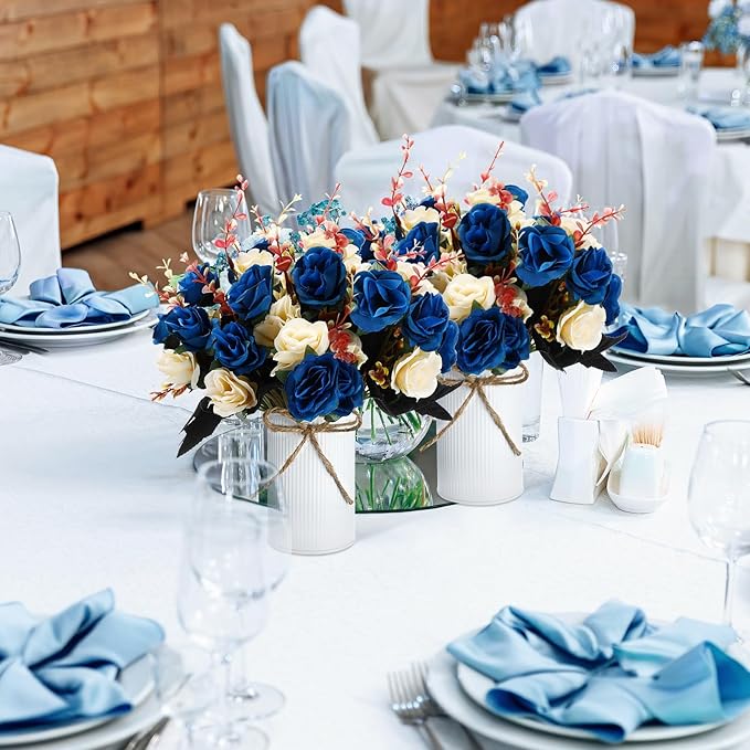 Domensi 12 Sets Wedding Centerpiece for Table Artificial Rose with Vase Fake Bouquets and Metal Pot Floral Arrangements for Holiday Party Event Table Decor (Dark Blue)