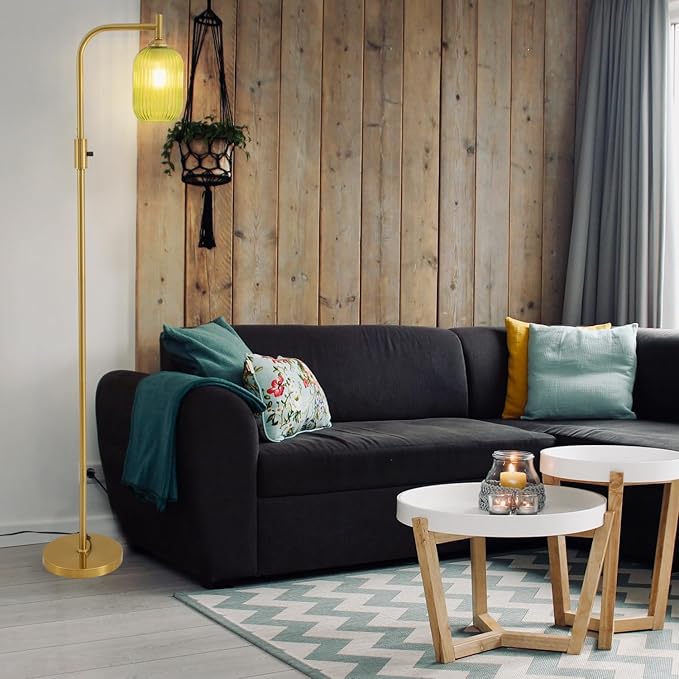 Dimmable Brass Gold Floor Lamp, Mid Century Modern Standing Lamp with Ribbed Green Glass Lampshade,Tall Lamp for Living Room Bedroom Study Room