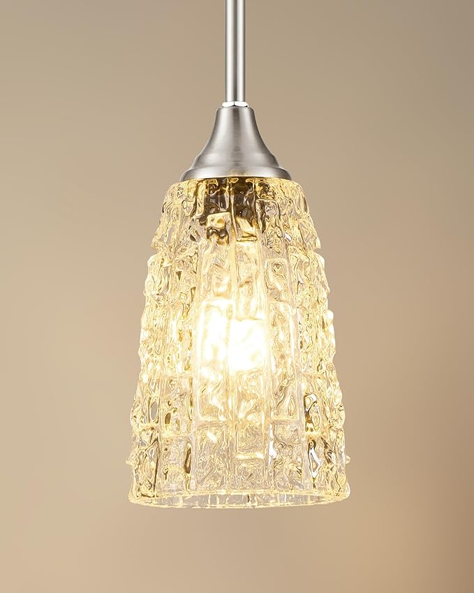 Brushed Nickel Pendant Lights Kitchen Island, 1-Light Hammered Glass Pendant Light Fixtures with Clear Glass and Rods, Modern Hanging Light for Kitchen Sink Dining Room Bedroom, E26