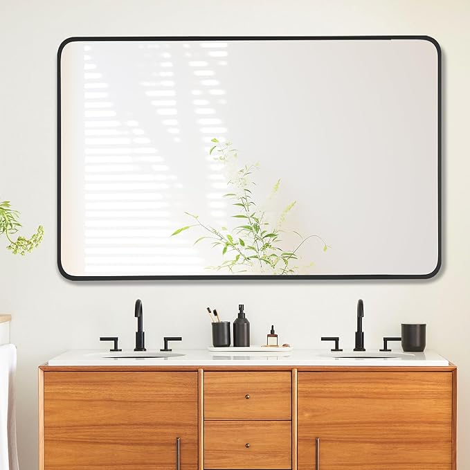 27x40 Inch Rectangle Bathroom Mirror with Black Metal Frame, Rounded Corner Rectangular Vanity Mirror for Wall, Modern Large for Bedroom, Living Room, Horizontal or Vertical