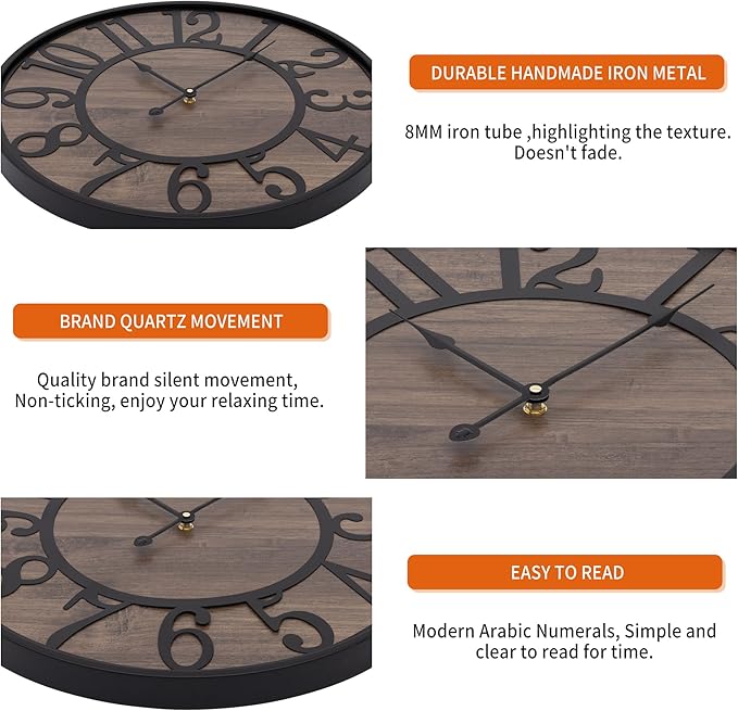 LEIKE Large Wall Clock,Silent,Non Ticking,Battery Operated Round Modern Big Wood Wall Clocks for Living Room, Bedroom,Kitchen,Farmhouse,Office,Rustic Home Decor-16 Inch/40CM-Black-Arabic Number