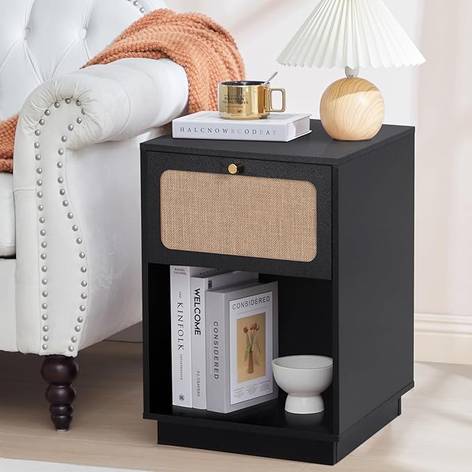 Mid Century Night Stand with Drawer, Farmhouse End Table with Storage & Curved Linen Panel, Modern Nightstands Bedside Table Small Side Tables for Small Space, Bedroom (Black)