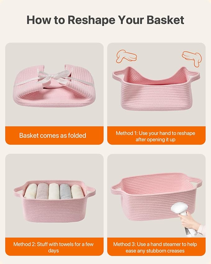 KALLAX Small Woven Basket, 14 x 10 x 5.6 Inches, Small Storage Baskets for Organizing, Gift Baskets Empty, Cute Rope Shelf Closet Storage Bins for Shelves, Dog Toy Basket, Light Pink