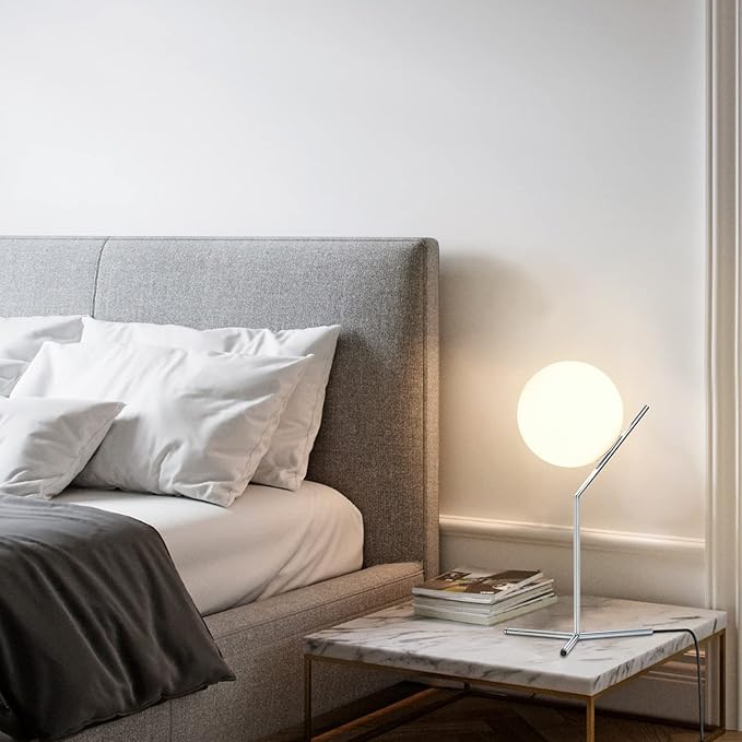 BOKT Modern Chrome Metal Globe Table Lamp Contemporary Milk White Glass Reading Lamp 1-Light E26 Table Standing Lamp Home Decor Glass Ball Iron Lighting Fixture for Bedside Hotel Shop Office Gifts