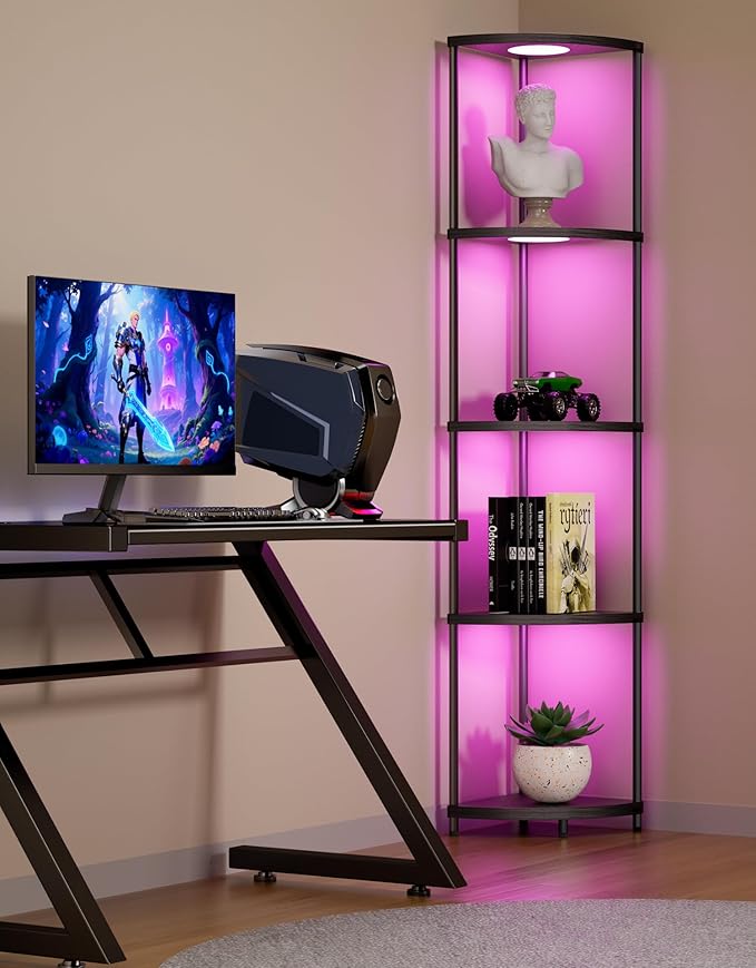 Corner Shelf with RGBCW LED Light, 64.5” Tall Floor Lamp Narrow Bookshelf Organizer, Standing Shelves with Metal Pole, Display Storage Rack for Wall Corner, Living Room, Bedroom, Office Décor, Black
