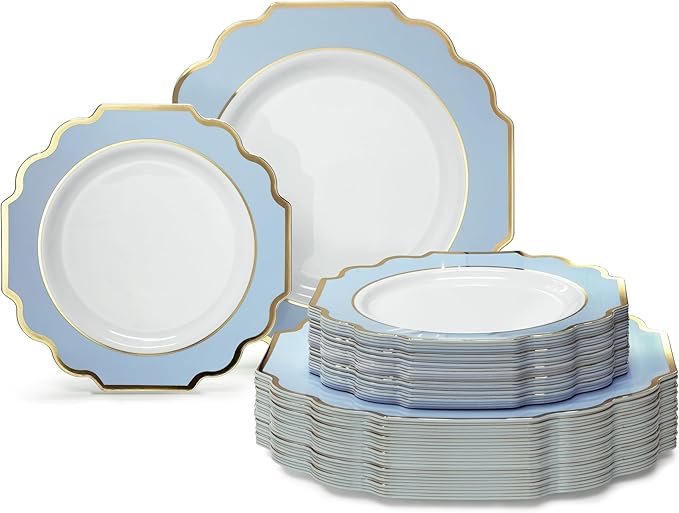 " OCCASIONS " 80 Plates Pack,(40 Guests) Heavyweight Wedding Party Disposable Plastic Plates Set -40 x 10.5'' Dinner + 40 x 8'' Salad/Dessert Plate (Imperial in White/Blue & Gold)