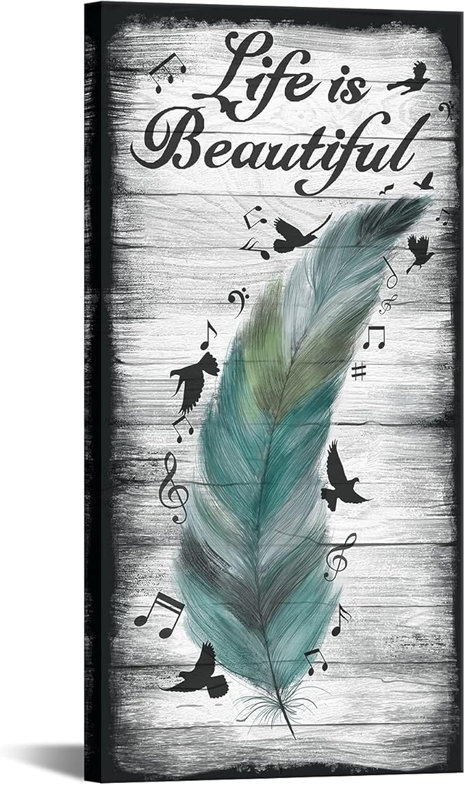 iKNOW FOTO Rustic Canvas Wall Art Decor Abstract Feather and Flying Birds with Inspirational Quote Life is Beautiful Picture Giclee Prints for Modern Living Room Bedroom Decoration 20x40