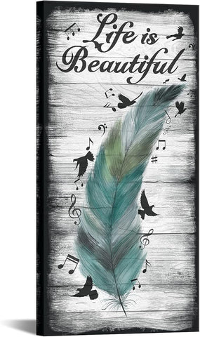 iKNOW FOTO Rustic Canvas Wall Art Decor Abstract Feather and Flying Birds with Inspirational Quote Life is Beautiful Picture Giclee Prints for Modern Living Room Bedroom Decoration 20x40