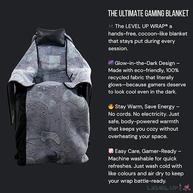 LEVEL UP WRAP® – Glow-in-The-Dark Gaming Chair Blanket with Hood | Cozy, Oversized Fit | Secure Attachment | Easy-Wash, Eco-Friendly Fleece | Gamer Gift | Pattern: Cosmic Controllers