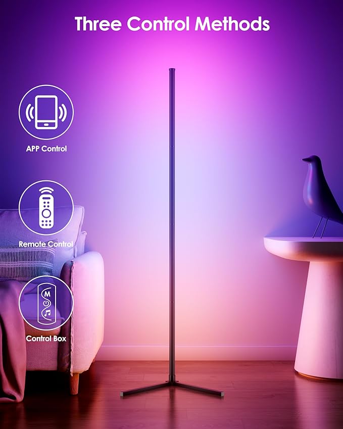 KFM Corner Floor Lamp, 65" Smart RGB LED Corner Lamp with App & Remote Control, 16M Colors,300+ Modes, Music Sync & Timer, Modern Mood Light for Living Room, Gaming Room & Bedroom