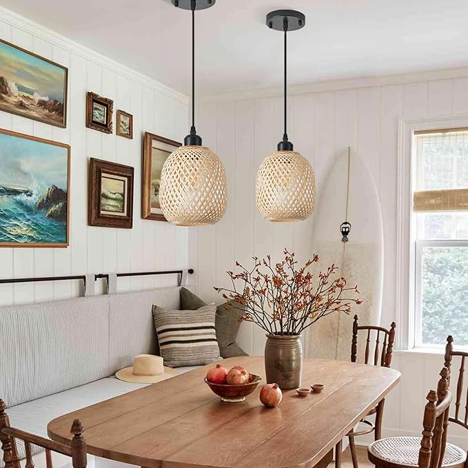 TERLEENART Hanging Light Fixture Set of 2, Mid Century Bohemian Rattan Bamboo Pendant Lighting,Torus Basket Woven Ceiling Chandelier for Kitchen Island Dinning Room Living Room Bedroom Nightstand