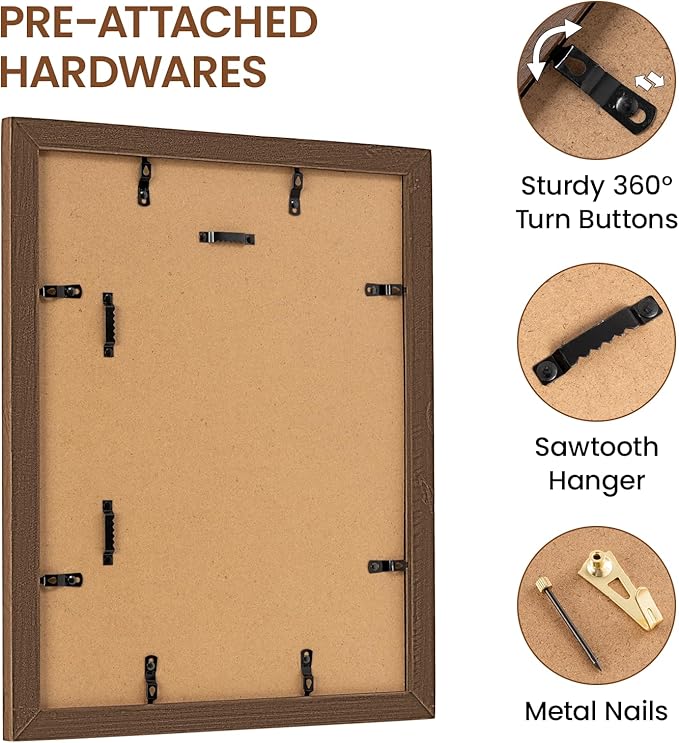 11x14 Picture Frame, USA-Sourced Walnut Wood Frame with Tempered Glass, Display 8x10 with Mat or 11x14 Without Mat, 11 by 14 Photo Frame for Vertical & Horizontal Display, Handcrafted, 1 Pack