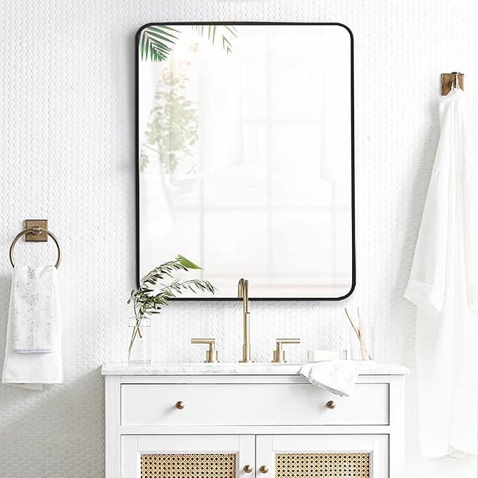 24x32 Inch Rectangle Bathroom Mirror with Black Metal Frame, Rounded Corner Rectangular Vanity Mirror for Wall, Modern Large for Bedroom, Living Room, Horizontal or Vertical