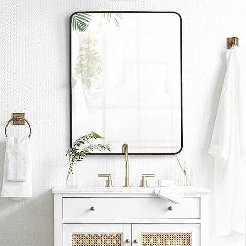 24x32 Inch Rectangle Bathroom Mirror with Black Metal Frame, Rounded Corner Rectangular Vanity Mirror for Wall, Modern Large for Bedroom, Living Room, Horizontal or Vertical