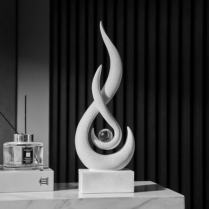White Decor Modern Flame Statue Home Decorations for Living Room, 13.7" H Shelf Decor Accents, Abstract Art Resin Sandstone Sculpture for Dining Room Office Coffee Table Centerpiece (Sandstone White)