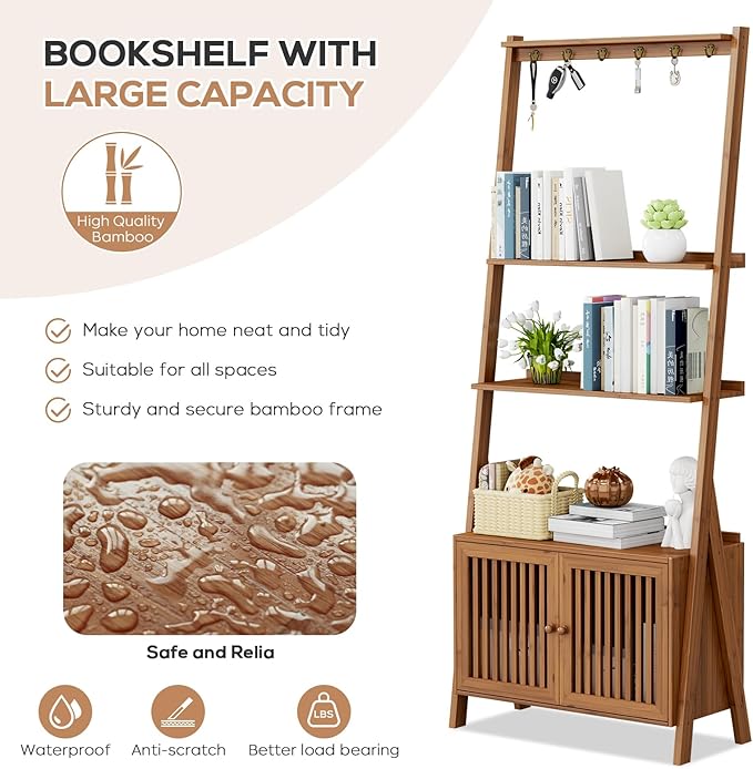Bookcase with Drawers, 4-Tier Bamboo Bookshelf Ladder Shelf with 6 Hooks, Tall Narrow Retro Book Shelf, 24.8"L x 10.6"W x 59.5"H, Standing Storage Organizer for Living Room, Office, Bedroom, Walnut