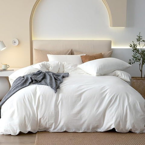 JIYUAN 100% Washed Cotton Duvet Cover Set 3 Pieces Alaska King, 1 Duvet Cover 132x120 Inches(Comforter Not Included) and 2 Pillowcases,Linen Feel Bedding Set Comfy and Breathable,Bright White
