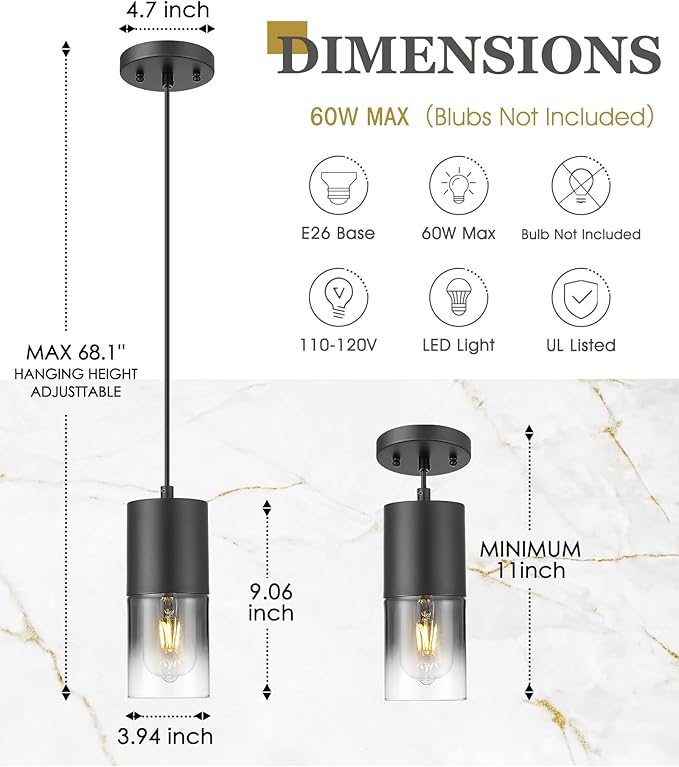2-Pack Pendant Lights Kitchen Island, Hanging Lights Fixtures with Cylinder Black Gradient Glass, Modern Kitchen Pendant Lighting Over Island for Dining Room, AD-24023-1P2-BK-SM