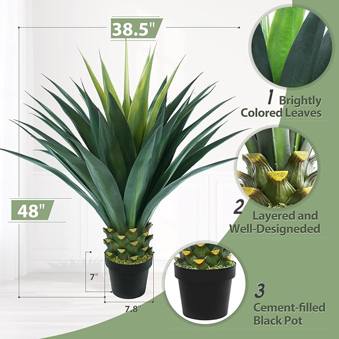 3.5ft Artificial Agave Plant, 42 Inch Tall Faux Agave Plants in Black Pot, Fake Floor Plant Outdoor Indoor for Front Porch Patio Home Office Door Step Hotel Desert Style Decor 1PCS