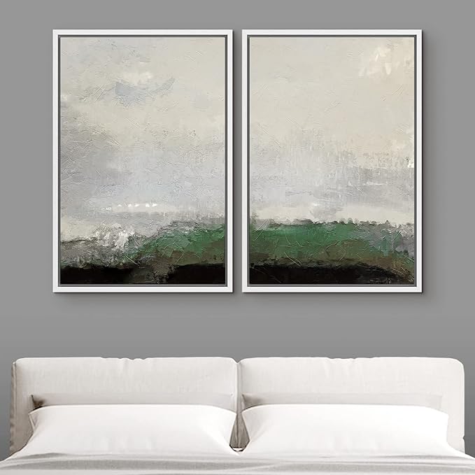 MUDECOR Framed Canvas Print Wall Art Set Watercolor Pastel Green Gray Landscape Abstract Shapes Illustrations Modern Art Decorative Contemporary for Living Room, Bedroom, Office - 16"x24"x2 White