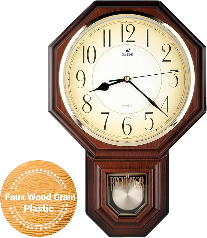 JUSTIME Traditional Schoolhouse Gradient Arabic Regulator Wall Clock, Chiming Wall Clocks with Pendulum & Westminster Chime Hourly, Schoolhouse Wall Decor Battery Operated (Dark Wood Grain)