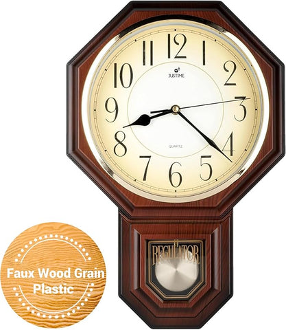 JUSTIME Traditional Schoolhouse Gradient Arabic Regulator Wall Clock, Chiming Wall Clocks with Pendulum & Westminster Chime Hourly, Schoolhouse Wall Decor Battery Operated (Dark Wood Grain)
