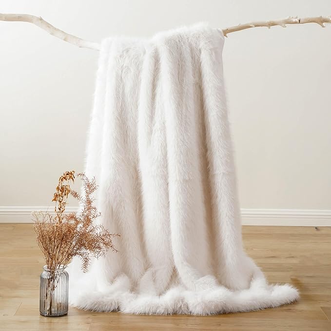 BATTILO HOME Luxury White Fluffy Faux Fur Throw Blanket, Large Fur Blankets and Throws for Couch, Bed, Super Soft Cozy Warm Plush Fuzzy Fur Throws with Long Pile, 60"x80" (Ivory)