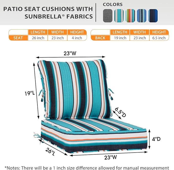 Sundale Outdoor Sunbrella Deep Seat Cushions, Patio Acrylic Sectional Sofa Couches Cushion and Pillow, Water-Resistant Furniture Replacement Cushions, 23 x 26 x 4 inches - Token Surfside