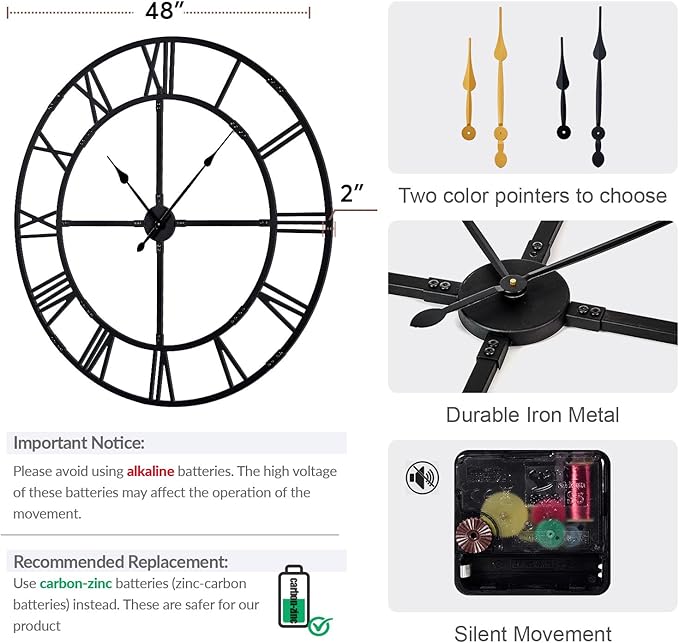 Large Wall Clock for Living Room Decor – 48 inch Silent Non-Ticking Modern Farmhouse Wall Clock, Oversized Decorative Metal Roman Numeral Clock, Black