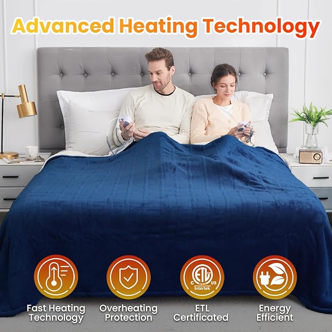 WOOMER Electric Heated Blanket Queen Size, Soft Flannel Fast Heating Blanket with Multi-Color Option, 84"x 90", 10 Heating Levels & 0.5-12H Auto Off, Over-Heat Protection