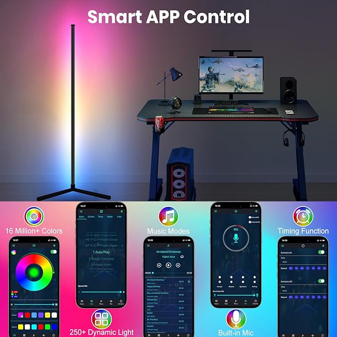 AVCNUJ LED Floor Lamp, 65" Smart RGB Color Changing Corner Lamp with 16 Million DIY Colors & 213 Scenes, Music Sync, Timer, Floor Lamp with Remote & App Control, Standing Lamp for Living Room Bedroom