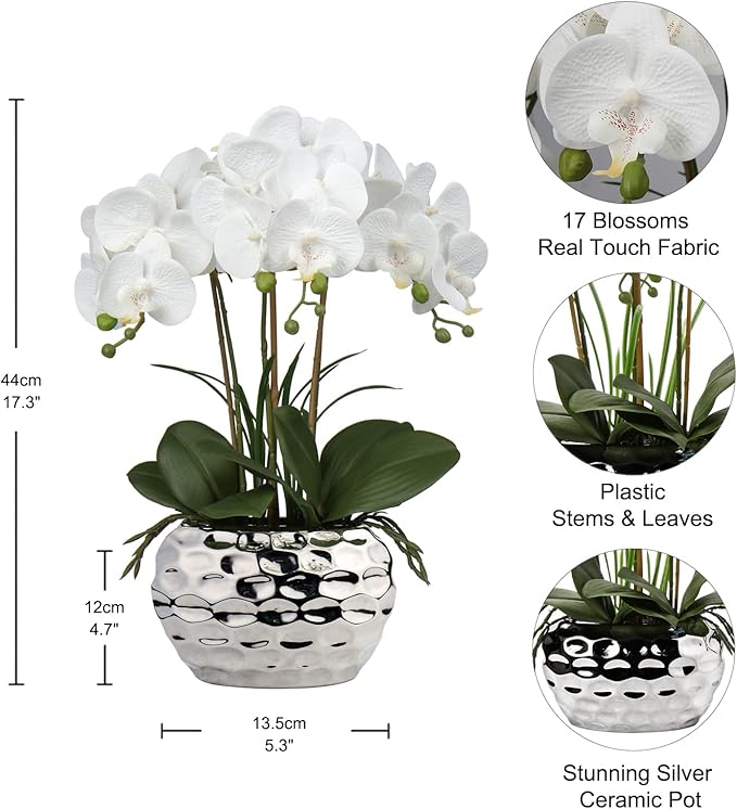 Briful Orchids Artificial Flowers 18" White Phalaenopsis Large Orchid with Silver Ceramic Pots Silk Faux Orchid Arrangement for Home Office Bathroom Living Room Table Decoration