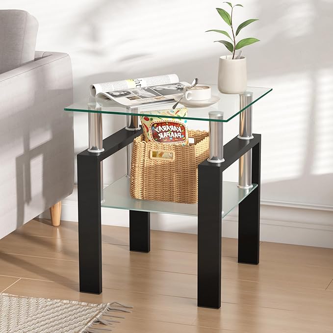 IANIYA Modern Glass End Table, 2-Tier Side Table with Tempered Glass Top & Metal Legs, Night Stand Corner Table for Living Room, Bedroom