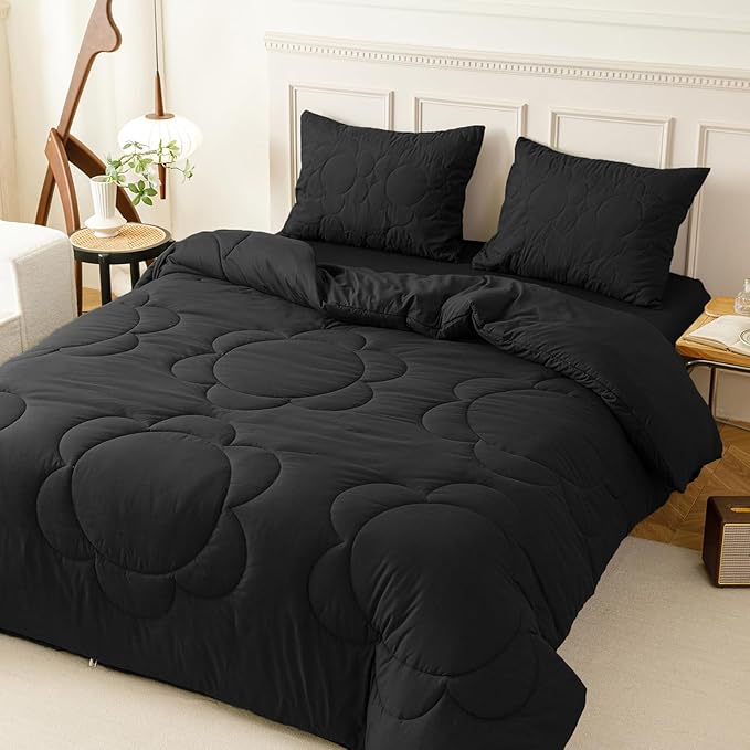 CLOTHKNOW Black King Size Comforter Set Daisy Puff Fluffy Bedding Comforter Sets Soft Boho Comforter All Black Comforter with 2 x Pillow Cases