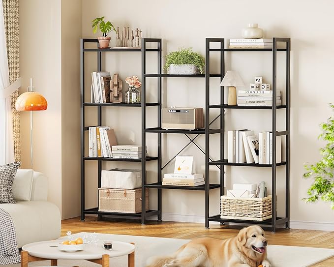 Casaottima Triple 4 Tier Bookshelf, Large Bookcase with 11 Open Display Shelves, Modern Industrial Book Shelves Book Case for Bedroom, Wide Standing Shelving Unit for Living Room Home Office, Black