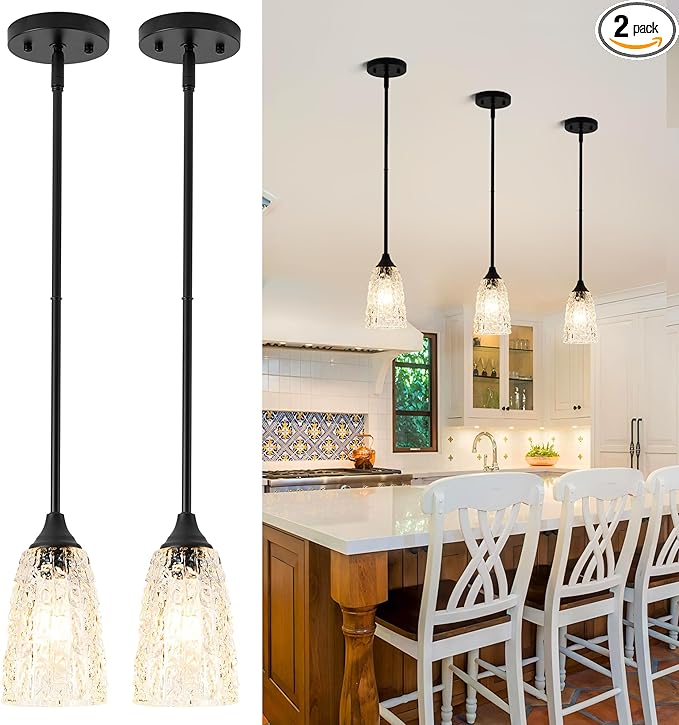 Black Pendant Lights Kitchen Island 2 Pack, Hammered Glass Pendant Light Fixtures with Clear Glass and Rods, Adjustable Modern Hanging Light for Kitchen Sink Dining Room Bedroom, E26