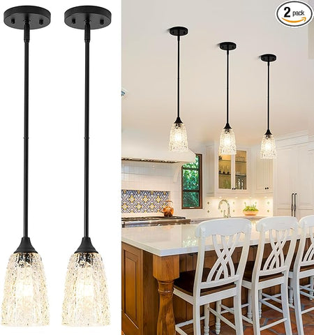 Black Pendant Lights Kitchen Island 2 Pack, Hammered Glass Pendant Light Fixtures with Clear Glass and Rods, Adjustable Modern Hanging Light for Kitchen Sink Dining Room Bedroom, E26