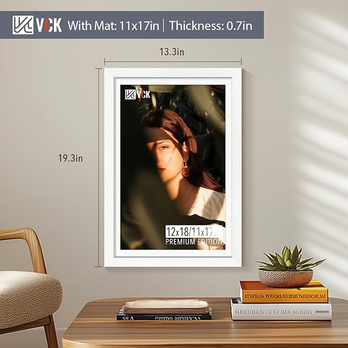 VCK 12x18 Picture Frame 5 Pack | with Mat 11x17 | Solid Wood Poster Frame with HD Glass | Exclusive Wood Grain - White